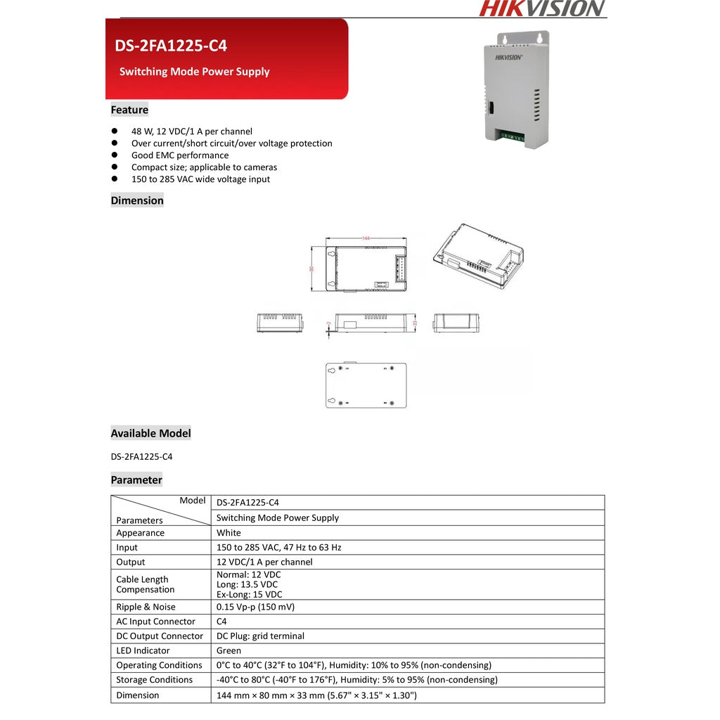 HIKVISION DS-2FA1225-C4 4A / DS-2FA1205-C8 5A POWER SUPPLY HIKVISION PSU 4CH / 8CH  POWER SUPPLY