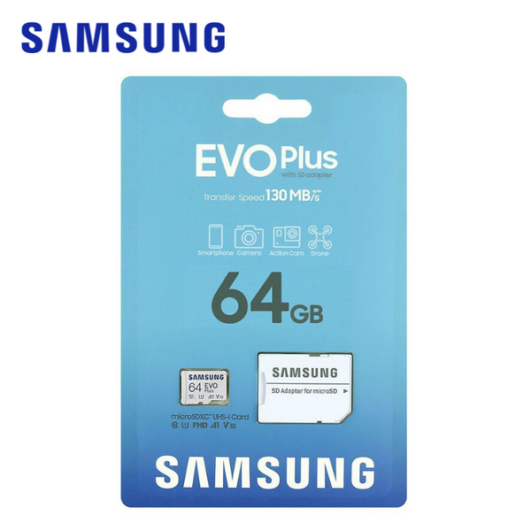 Samsung EVO PLUS microSDXC 64GB UHS-I U1 A1 V10 class 10 memory card + adapter for SD