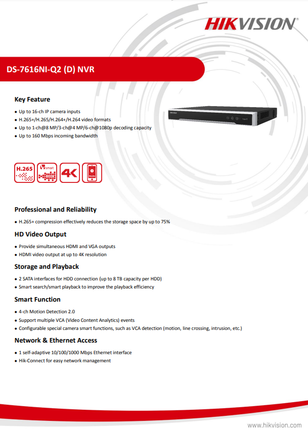 HIKVISION DS-7616NI-Q2 16Ch 1U 4K NVR