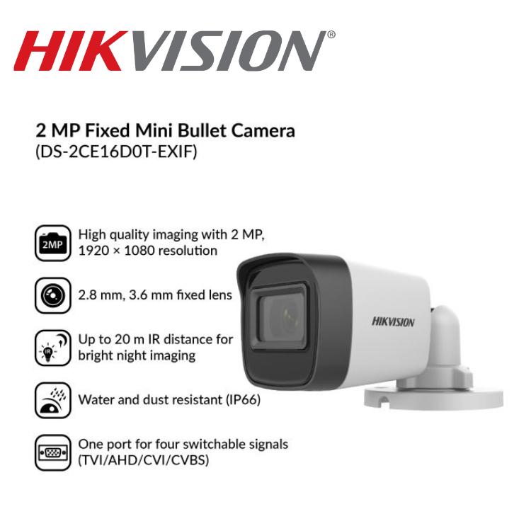 HIKVISION 2MP DS-2CE16D0T-EXIF OUTDOOR EXIR FIXED MINI BULLET CAMERA (2.8mm/3.6mm)