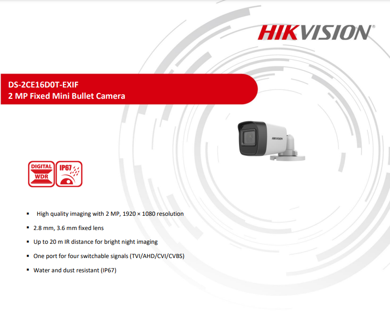 HIKVISION 2MP DS-2CE16D0T-EXIF OUTDOOR EXIR FIXED MINI BULLET CAMERA (2.8mm/3.6mm)