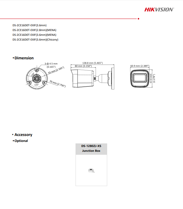 HIKVISION 2MP DS-2CE16D0T-EXIF OUTDOOR EXIR FIXED MINI BULLET CAMERA (2.8mm/3.6mm)