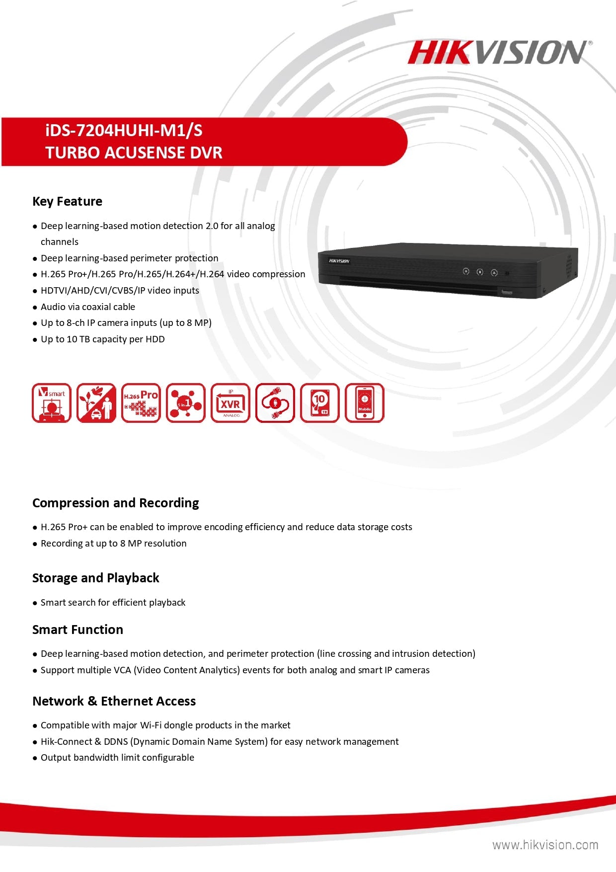 HIKVISION 5MP iDS-7204HUHI-M1/S 4-Channel 1U 3K H.265 AcuSense DVR