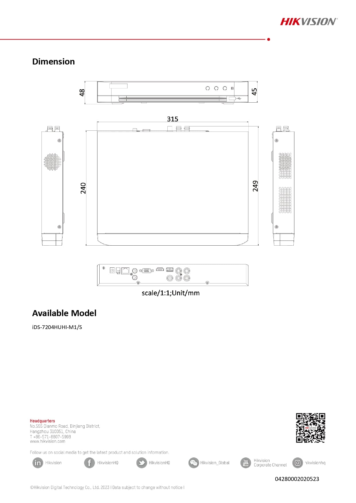 HIKVISION 5MP iDS-7204HUHI-M1/S 4-Channel 1U 3K H.265 AcuSense DVR