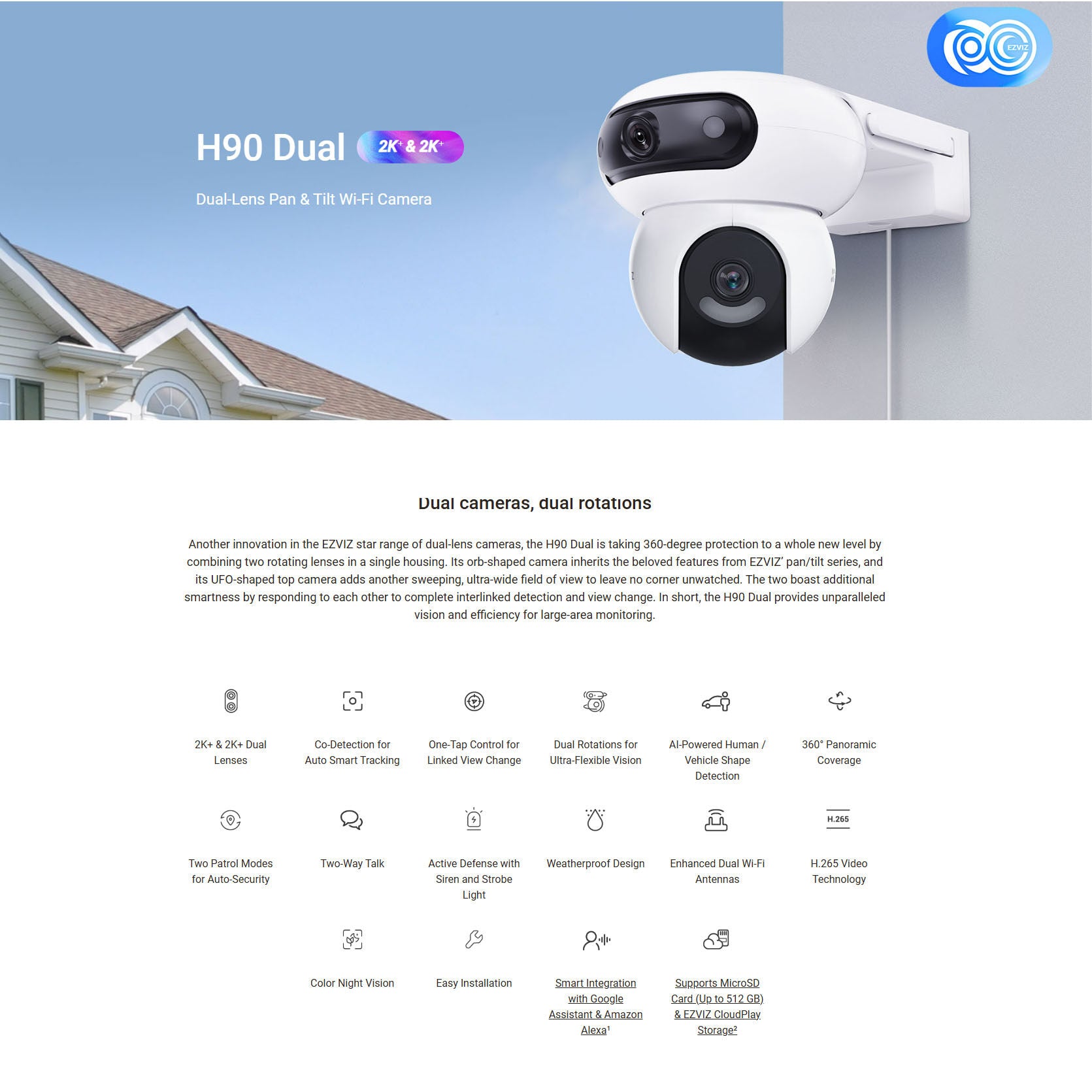 EZVIZ H90 DUAL LENS 2K+ + 2K+ Full Color Night Vision, Outdoor Alarm With Flood Light Waterproof AI Detection CCTV