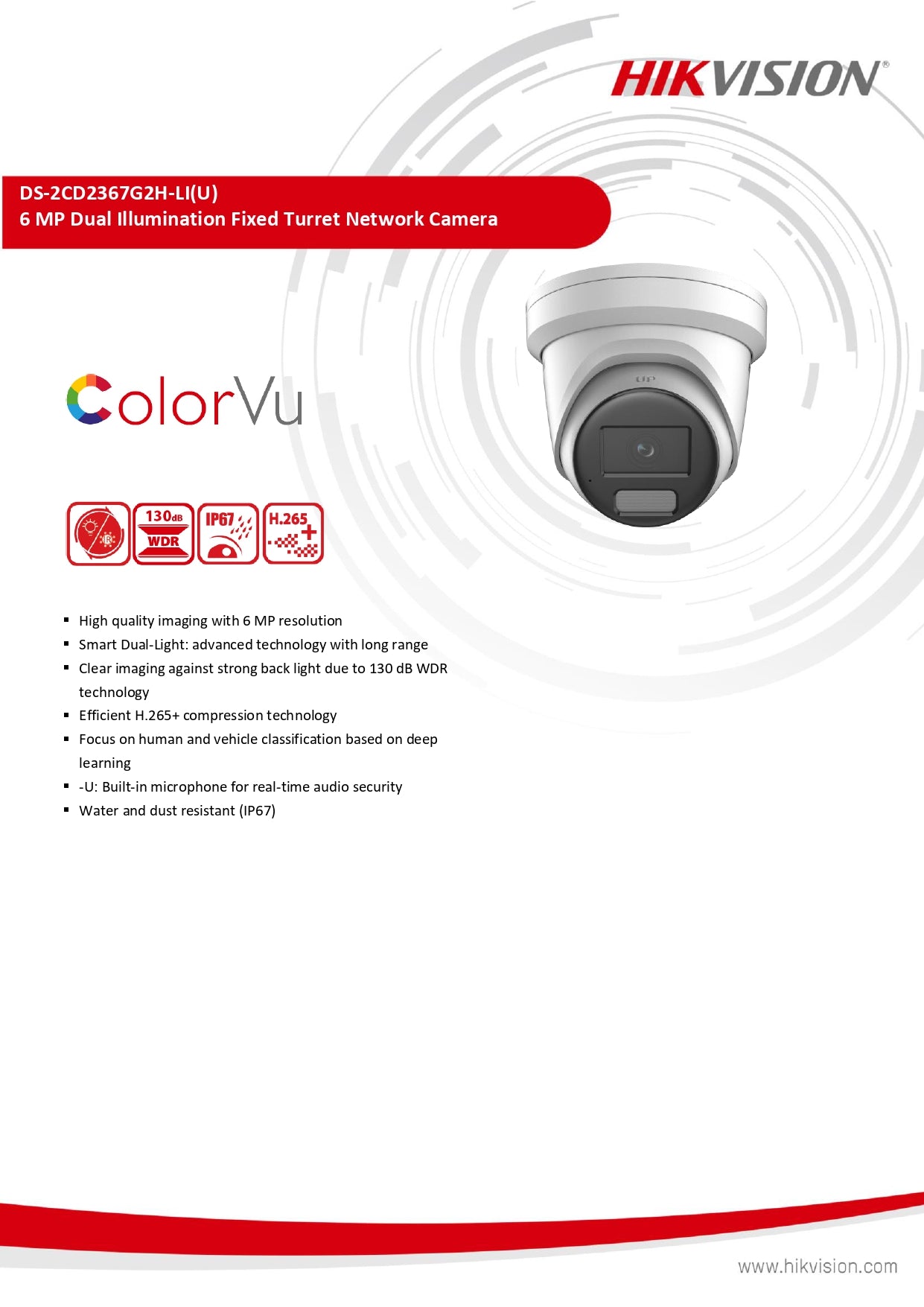 Hikvision DS-2CD2367G2H-LI 6MP Smart Hybrid Light with ColorVu Fixed Turret Network Camera