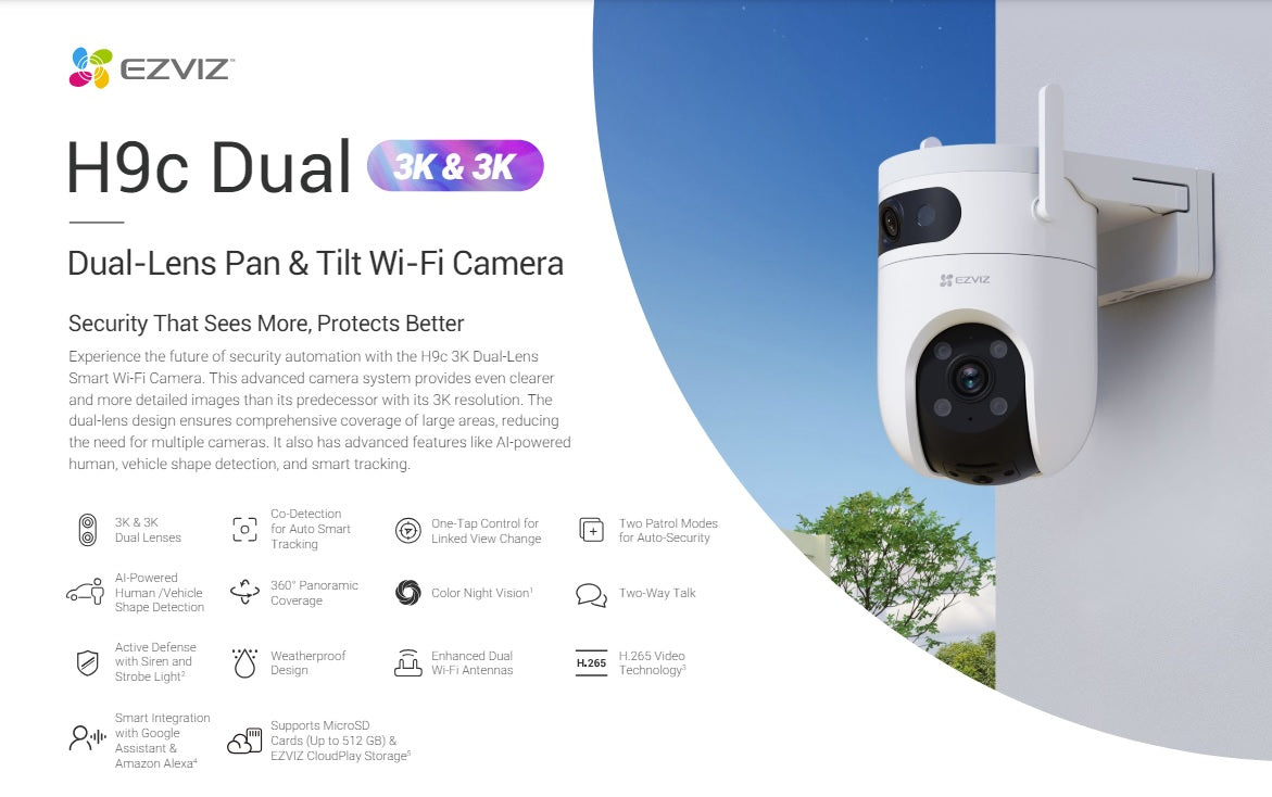 EZVIZ H9c 3MP + 3MP (2K) / 5MP + 5MP (3K) Dual-Lens Pan & Tilt Wi-Fi Camera