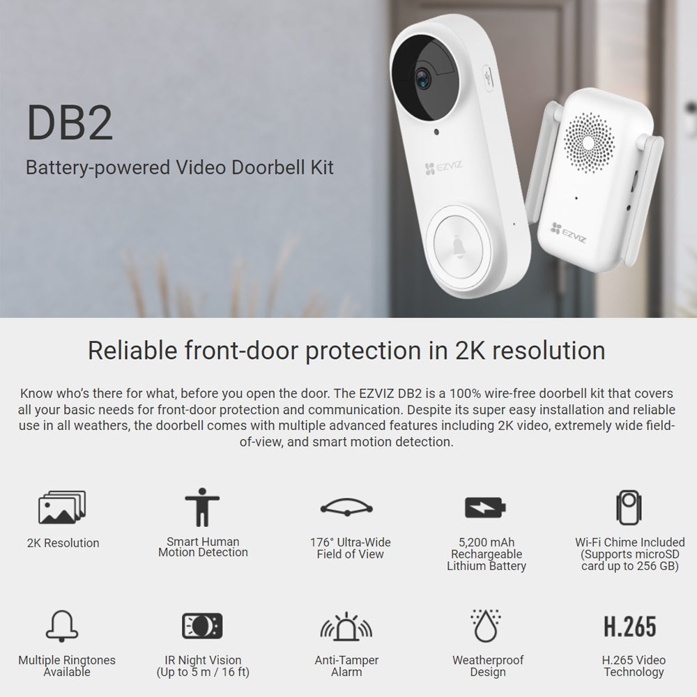 EZVIZ DB2 3MP Battery-Powered Wireless Kit Weatherproof 5200mAh Outdoor Video Doorbell With Chime