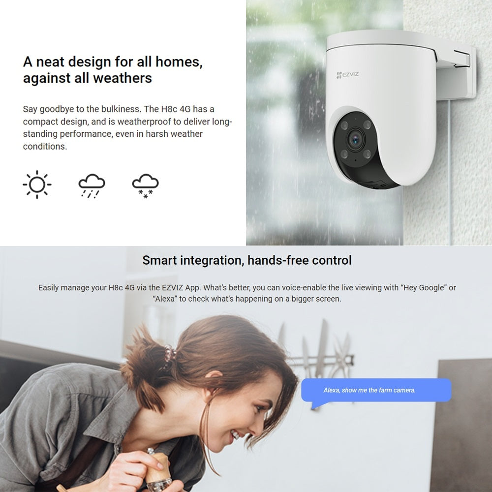 EZVIZ H8C 4G LTE 3MP 2K 1296P Waterproof Pan Tilt 360° Color Night Vision Two Way Talk Outdoor Security CCTV Camera