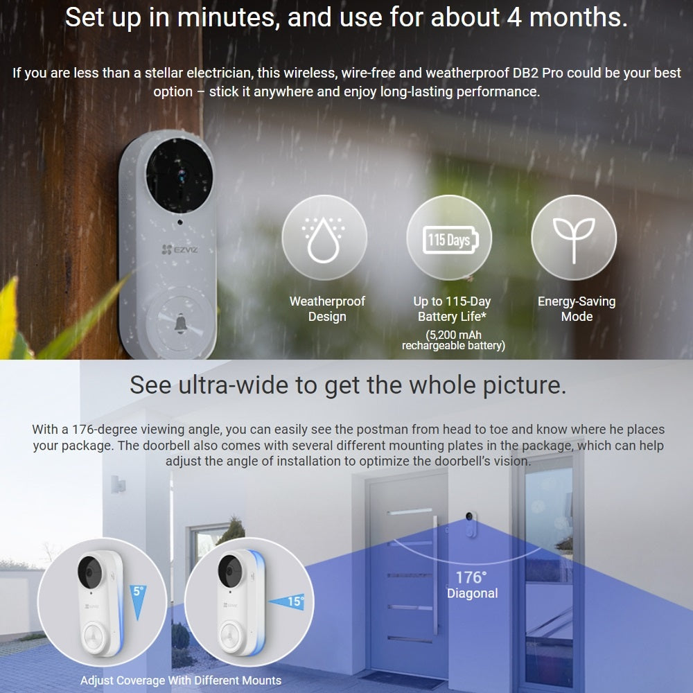 EZVIZ DB2 3MP Battery-Powered Wireless Kit Weatherproof 5200mAh Outdoor Video Doorbell With Chime