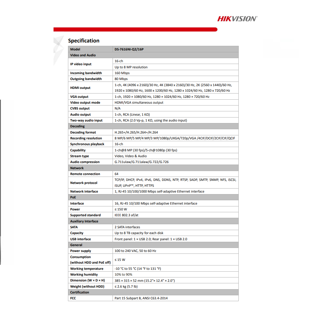 HIKVISION 16CH NVR DS-7616NI-Q2/16P 1U 16 PoE 4K NVR