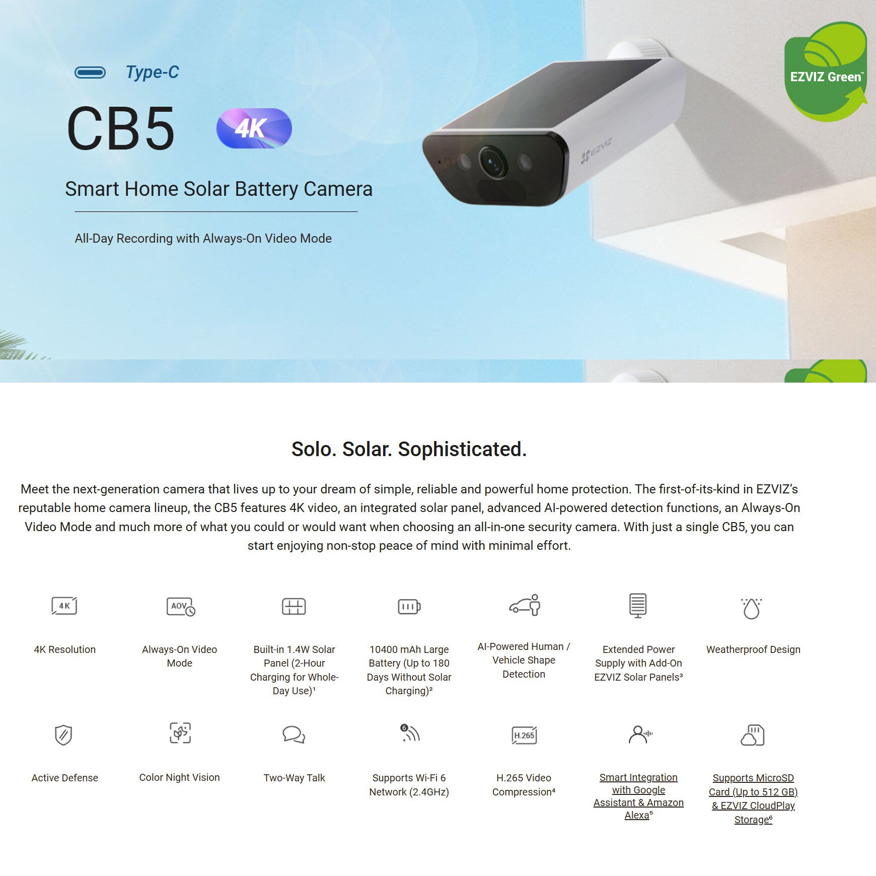 Ezviz CB5 4K 8MP Two Way Talk Motion Detection Wifi Battery Powered with Build in Solar Panel Smart Home Security CCTV Camera