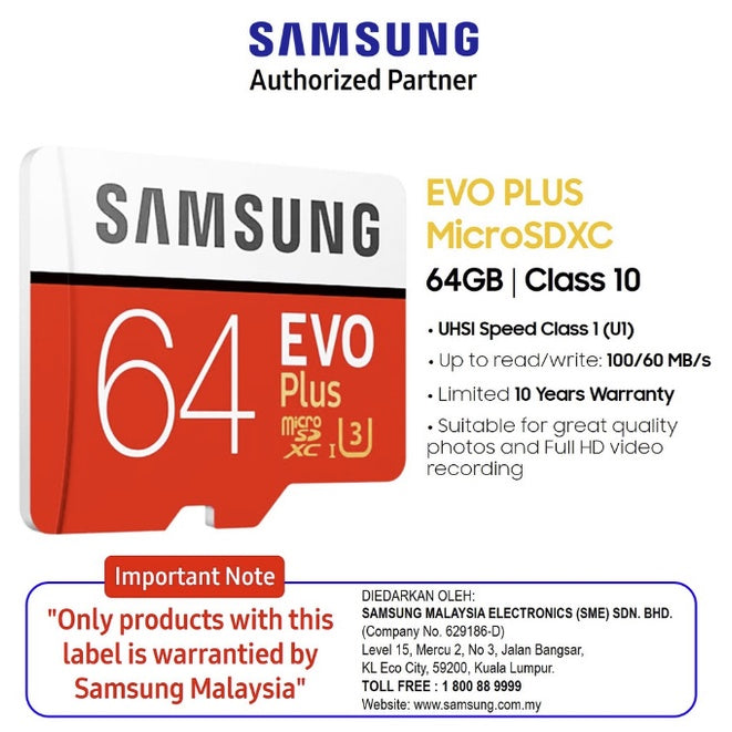 Samsung EVO Plus microSD w. Adapter 32GB/64GB Memory Cards