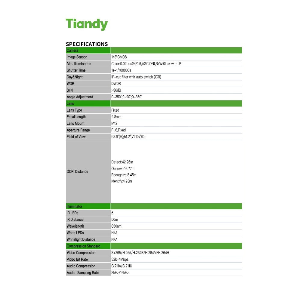 TIANDY Dual 2MP TC-C32RN Fixed IR Bullet Camera (BUILT IN MIC)