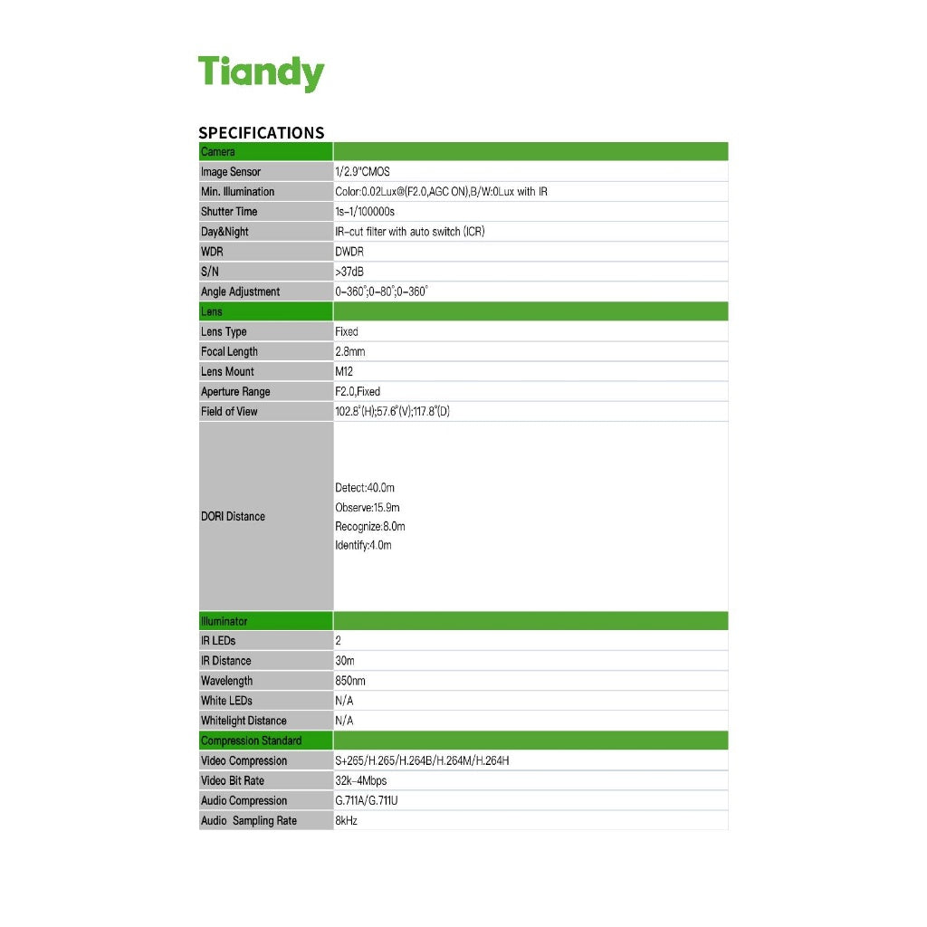 TIANDY 2MP TC-C32QN Fixed Bullet Camera (BUILT IN MIC)