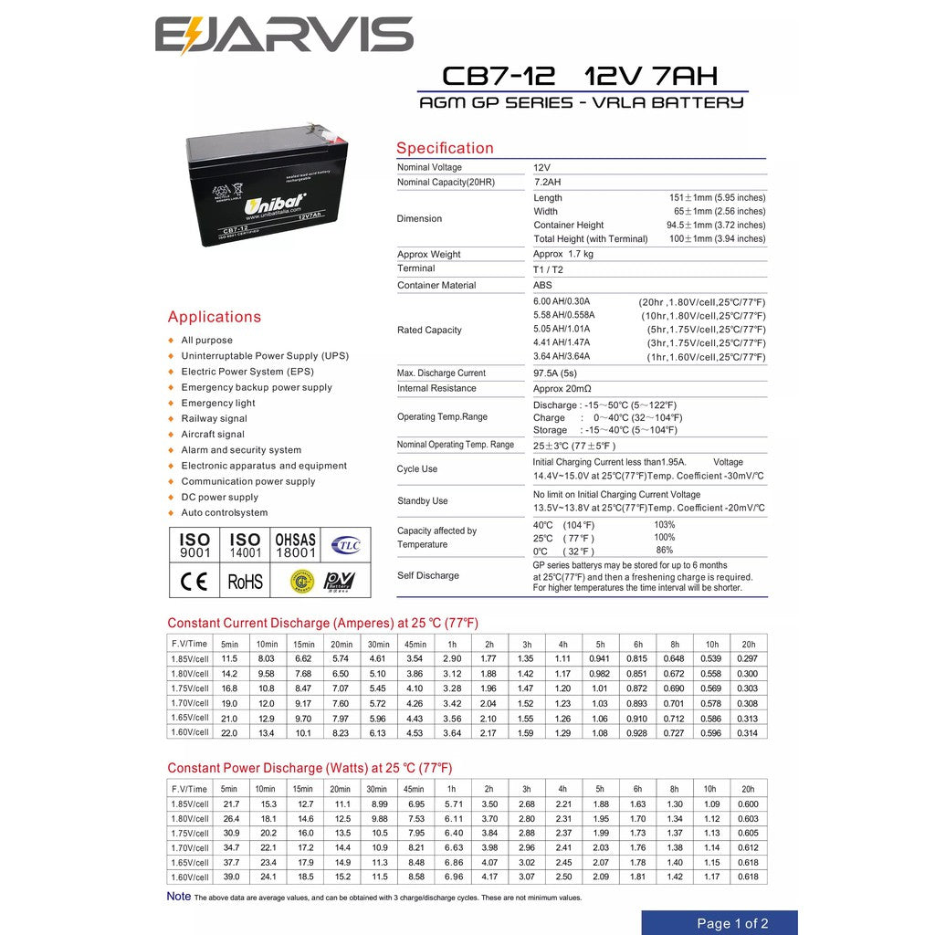 UNIBAT CB7-12 12v 7 Rechargeable for CCTV Auto Gate UPS Alarm