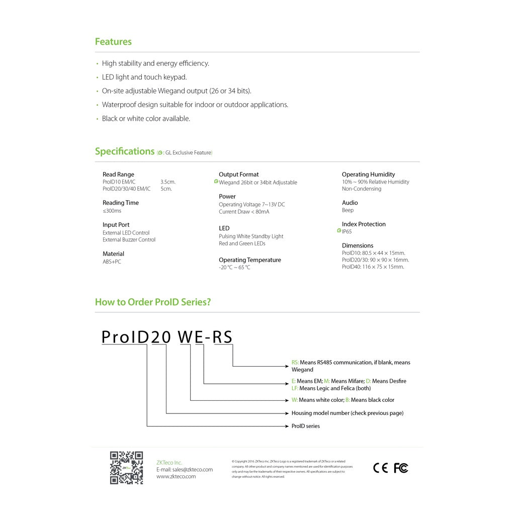 ZKTeco PROID10BE / PROID10BM EM/Mifare Weather Protection Slim Reader