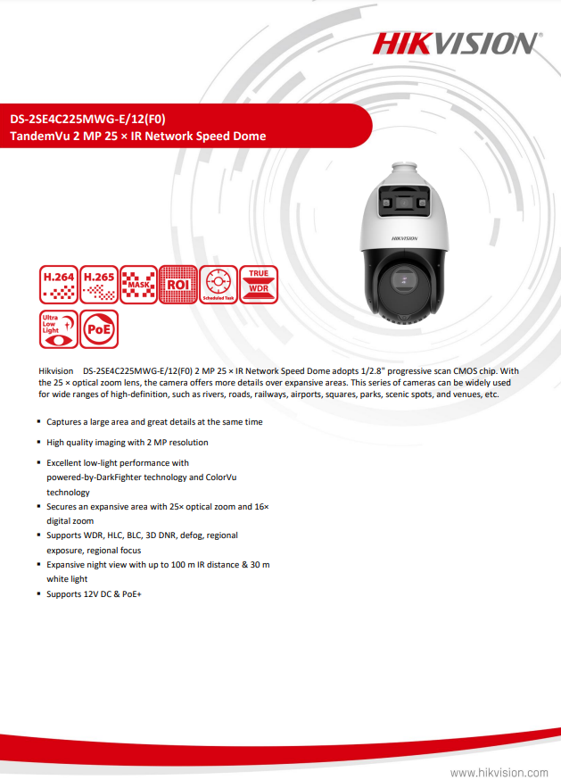 HIKVISION DS-2SE4C225MWG-E(12F0) TandemVu 4" 2MP 25X Colorful & IR Network Speed Dome