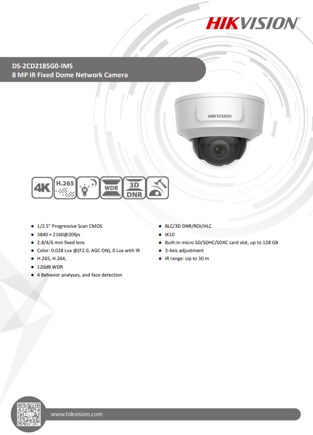 HIKVISION DS-2CD2185G0-IMS 4K HDMI Fixed Dome Network Camera