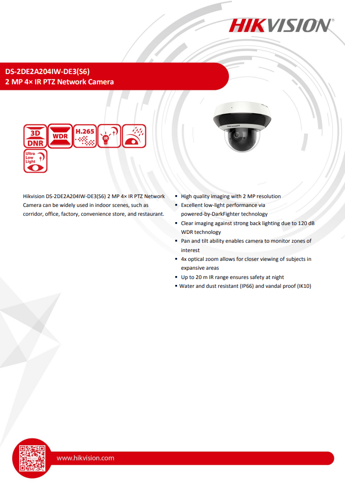 HIKVISION DS-2DE2A204IW-DE3(C0)(S6) 2" 2MP 4X Powered by DarkFighter IR Network Speed Dome