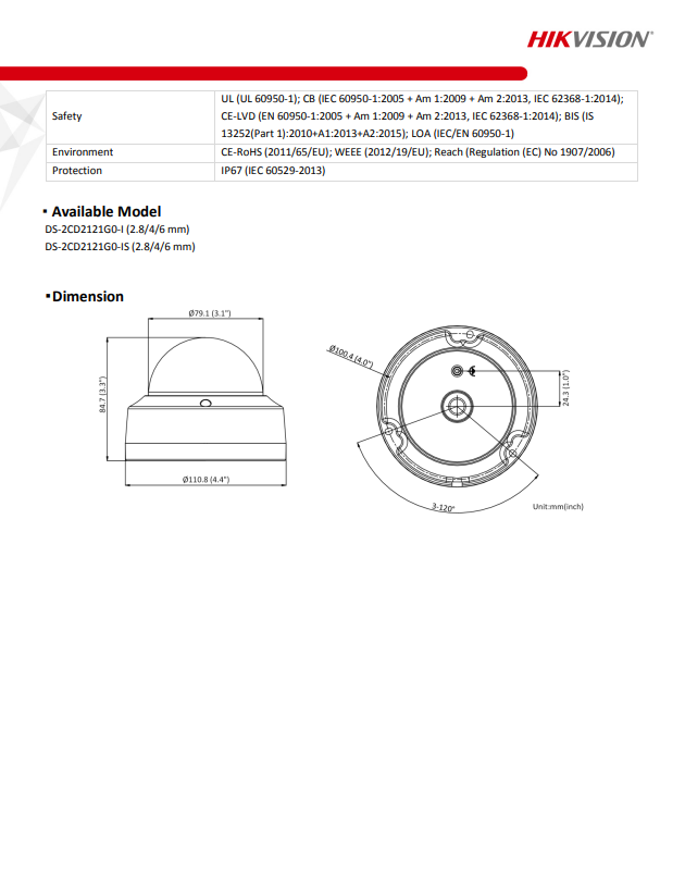 HIKVISION DS-2CD2121G0-IS(C) 2MP WDR Fixed Vandal Dome Network Camera