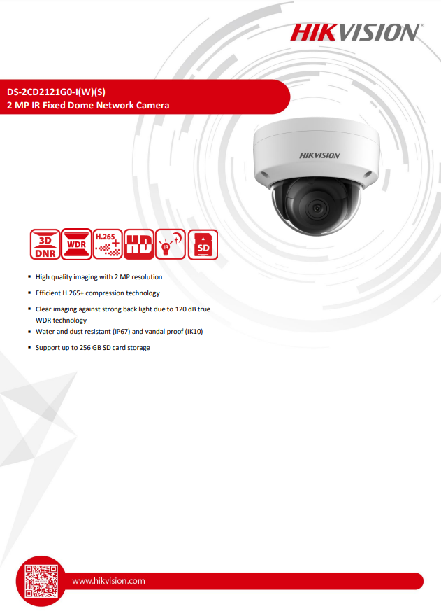 HIKVISION DS-2CD2121G0-IS(C) 2MP WDR Fixed Vandal Dome Network Camera