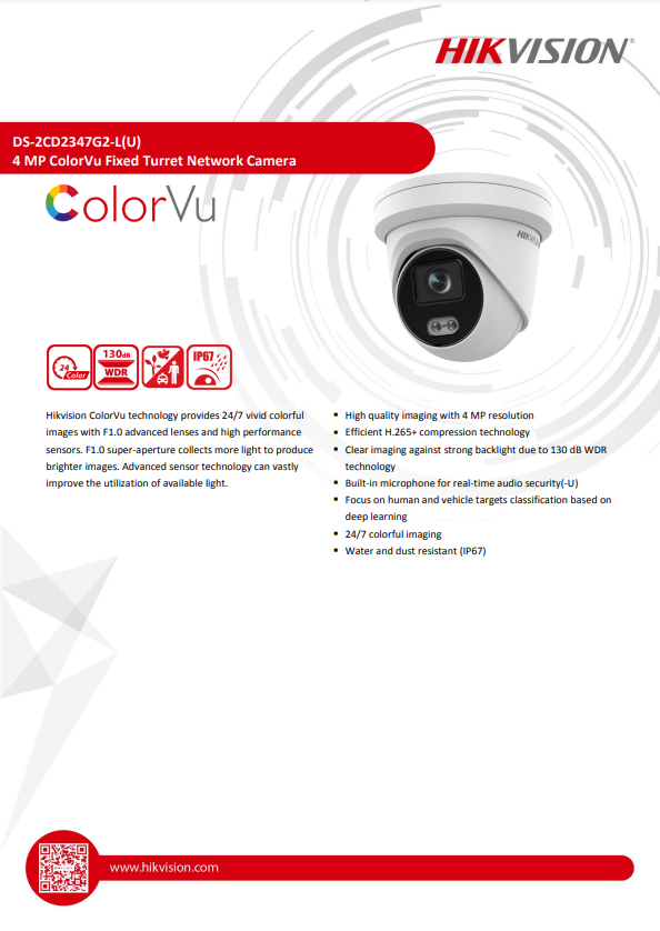 HIKVISION DS-2CD2347G2-L(C) 4MP ColorVu Fixed Turret Network Camera