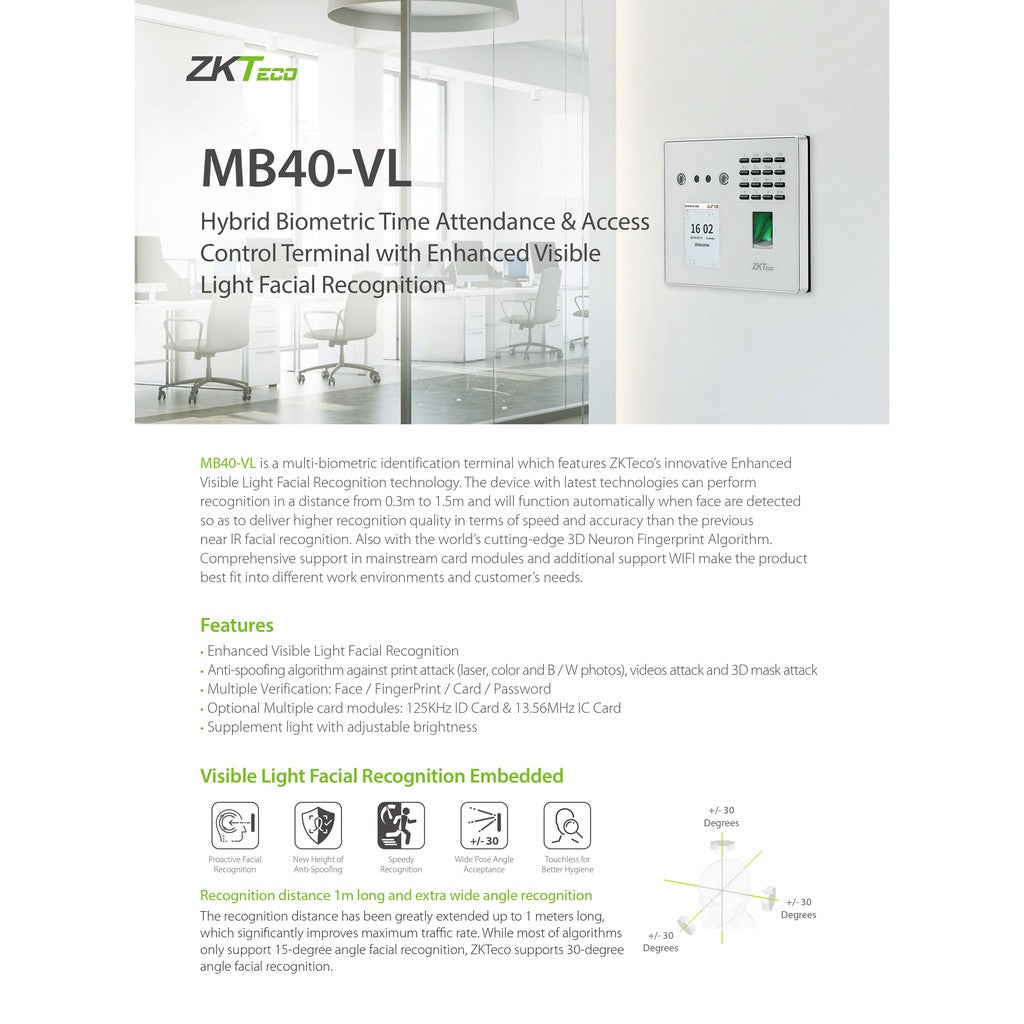 ZKTeco MB40-VL/ID Door Access Hybrid Biometric Time Attendance & Access Control Visible Light Facial Recognition