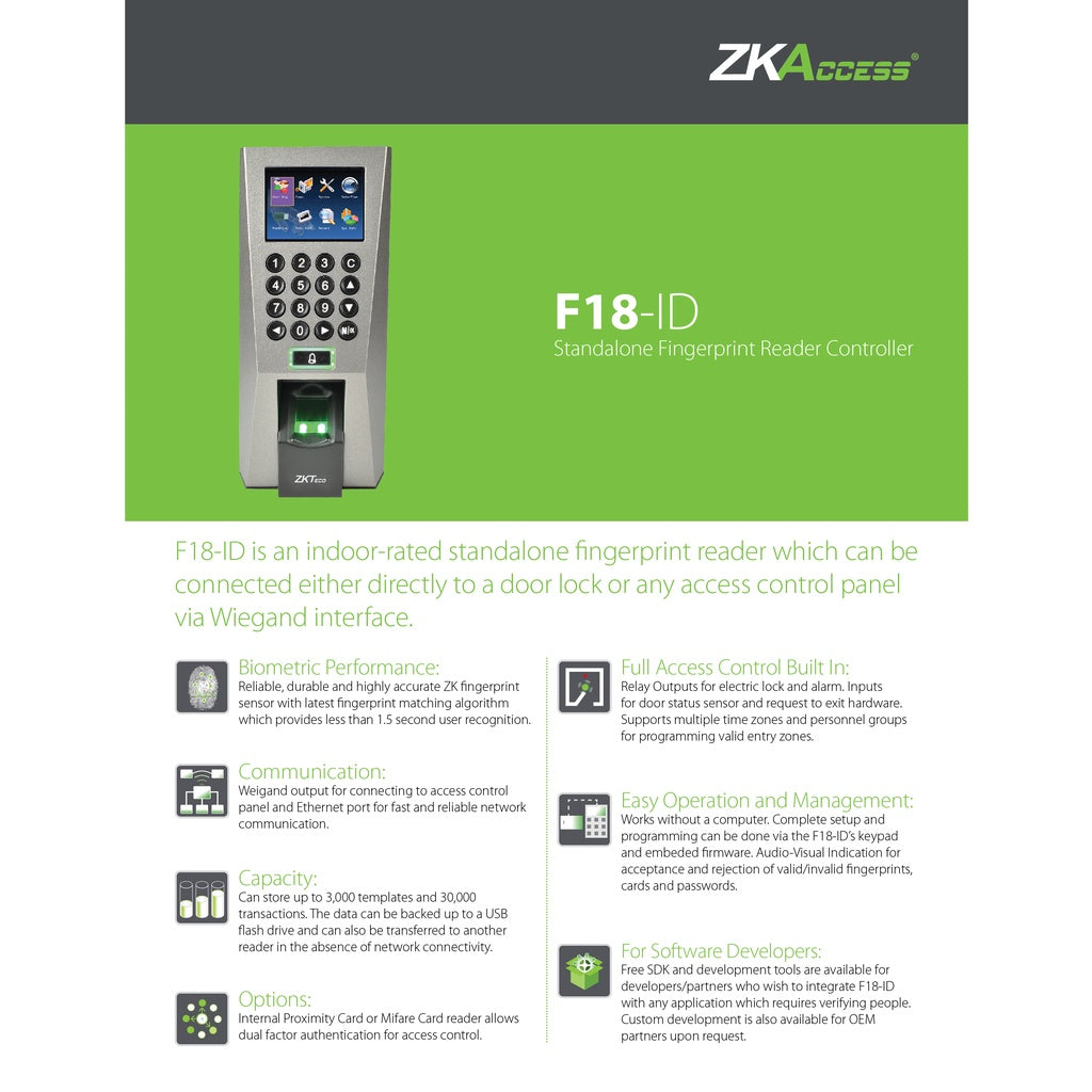 ZKTeco F18/ID or F18/MF 2.4 inch TFT-LCD Screen