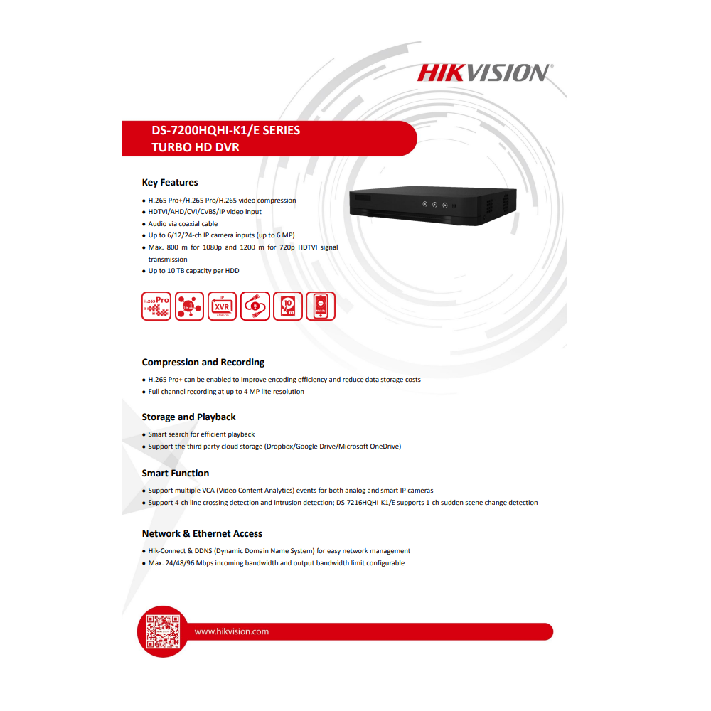 HIKVISION DS-7204HQHI-K1/E DVR 4 CH 2MP H.265+ FULL HD COMPRESSION