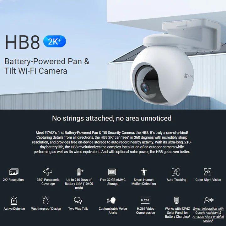 EZVIZ HB8 2K+ 4MP Rechargeable Battery Wi-Fi Built-in 32GB eMMC Storage CCTV Camera