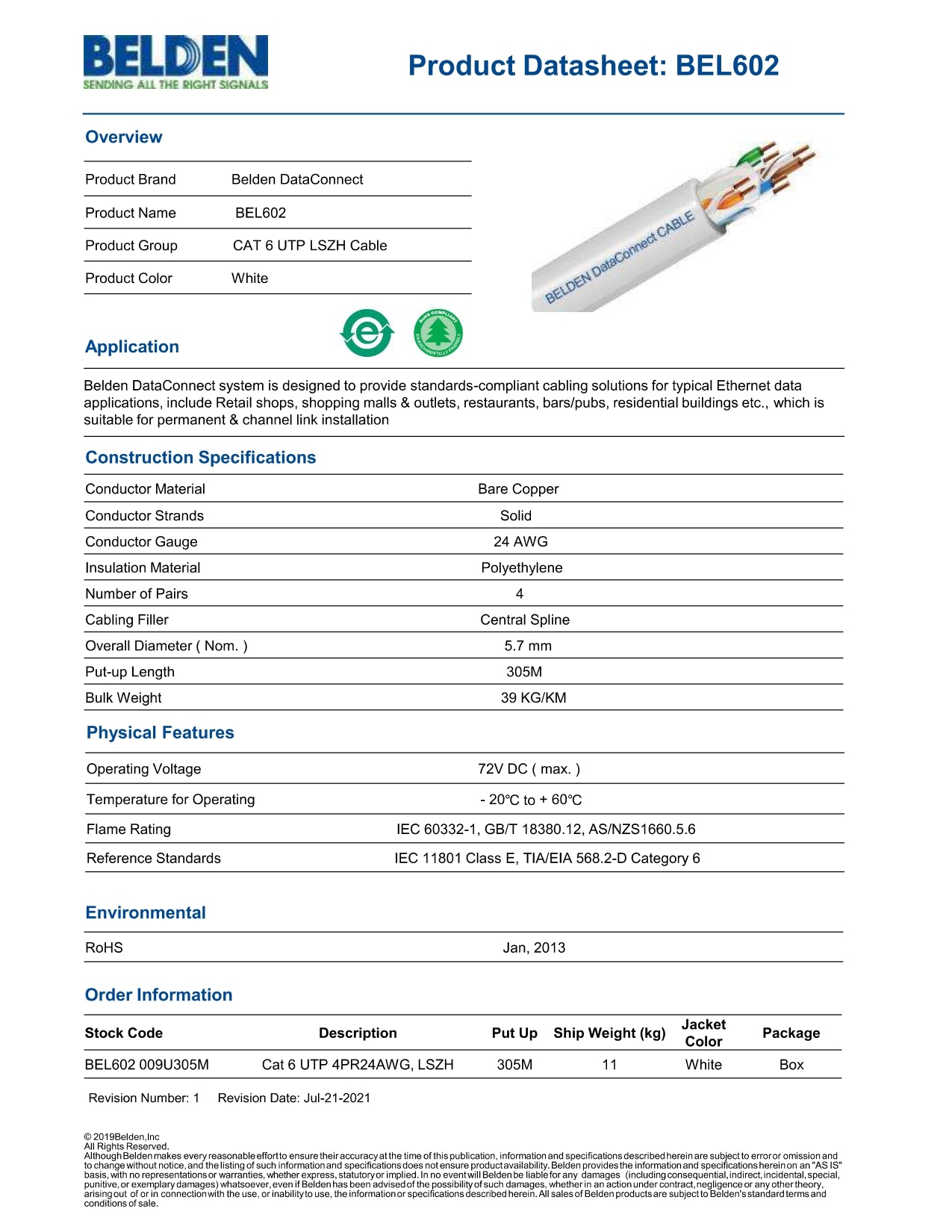 BELDEN CAT6 UTP Cable BEL602 (24AWG) Blue