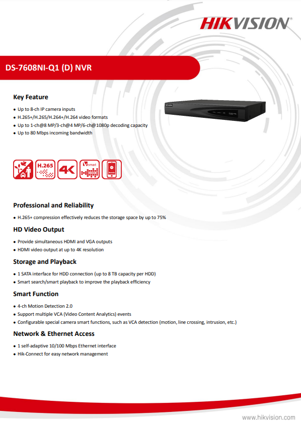 HIKVISION DS-7608NI-Q1(C) 8 Channel 1U 4K NVR