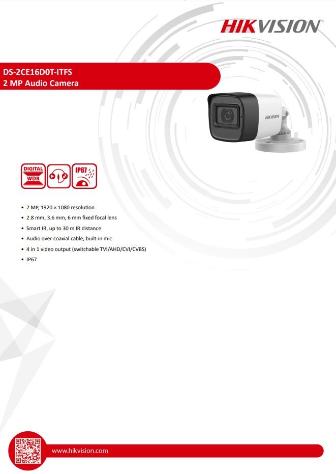 HIKVISION 2MP DS-2CE16D0T-ITFS AUDIO FIXED MINI BULLET CAMERA