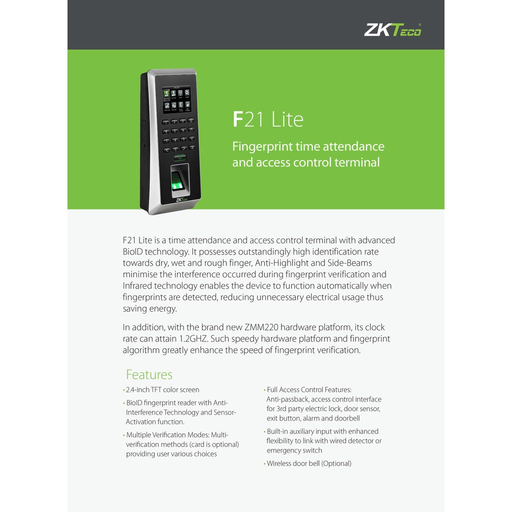 ZKTeco F21 Lite Fingerprint time Attendance and Access Control Terminal