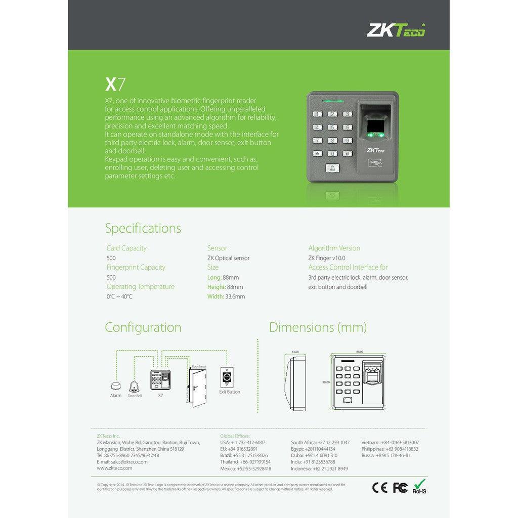 ZKTeco X7 Door Access Standalone Fingerprint Access Control Device