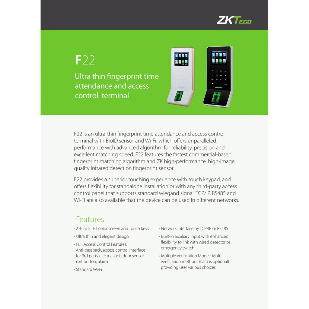 ZKTeco F22 Fingerprint Time Attendance (WIFI)