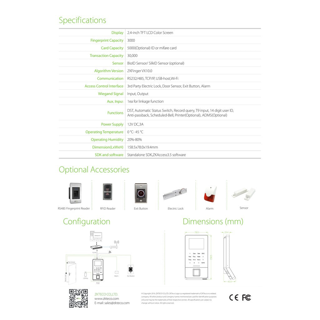 ZKTeco F22 Fingerprint Time Attendance (WIFI)