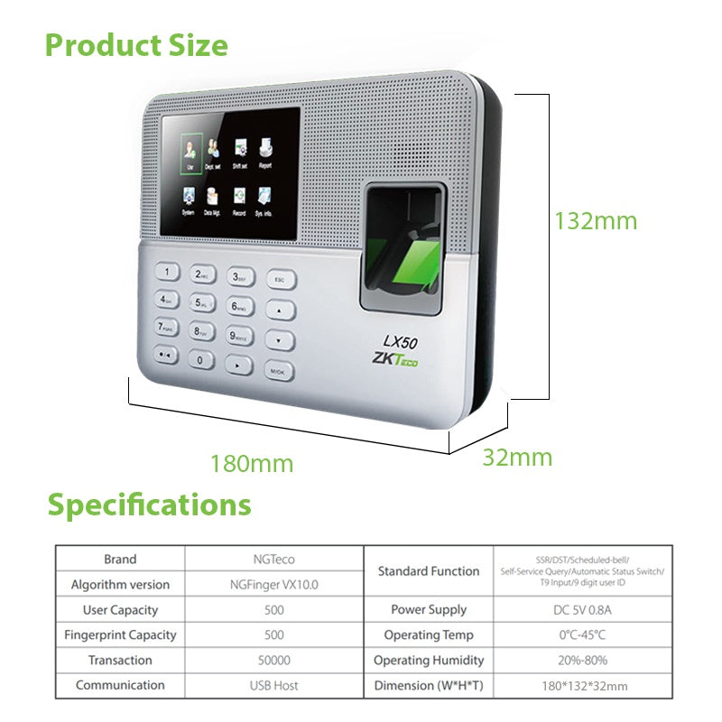 ZKTeco Fingerprint Attendance Machine Time Record Office Employee Punch Card LX50