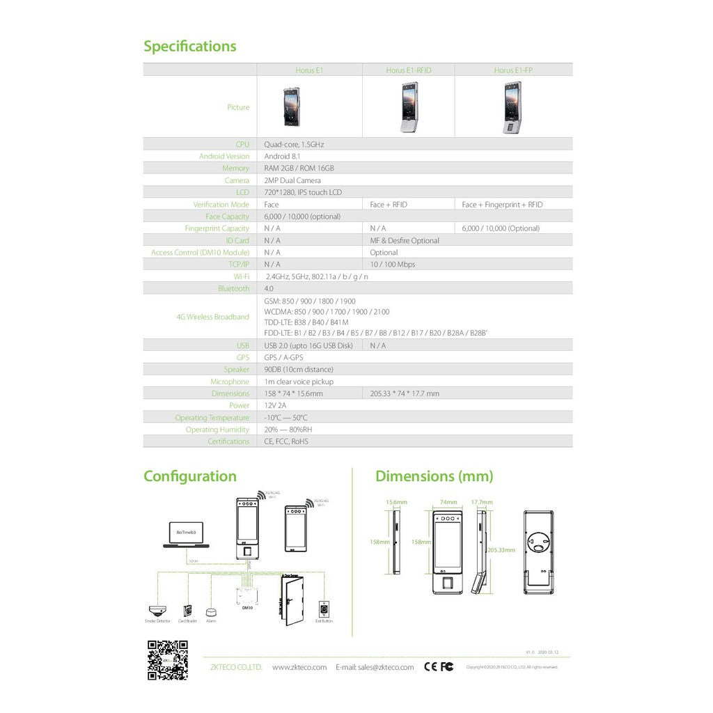ZKTeco Wireless Face Recognition Terminal WIFI Bluetooth 4G Mic Speaker Android 8.1 HORUS-E1 HORUS