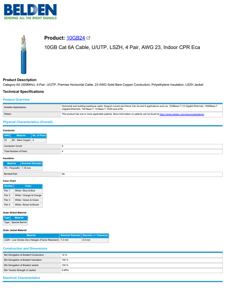BELDEN 10GB24 06305 23AWG 10G U/UTP CAT6A Horizontal Cable