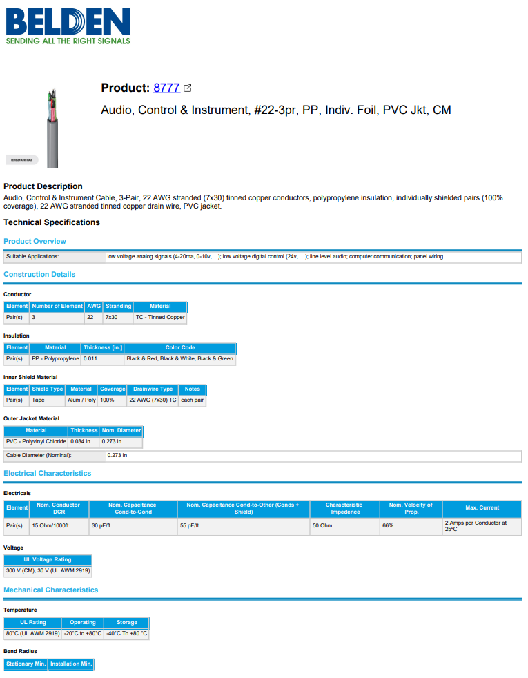 BELDEN 8777 0601000 3 Pair 22AWG Unshielded Audio, Control & Instrument Cable