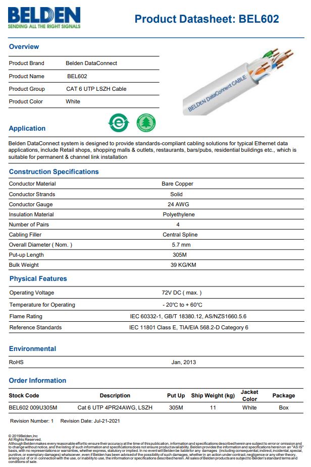 BELDEN BEL602 24AWG Unbonded CAT6 Horizontal Cable