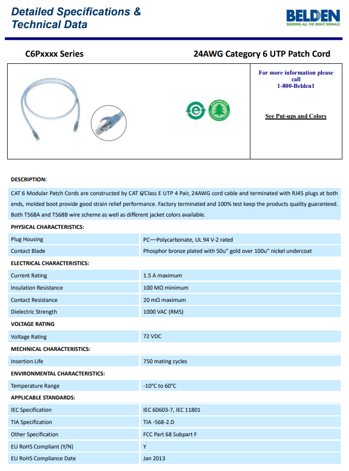 BELDEN C6P9106003M 24AWG Cat6 UTP Patch Cord