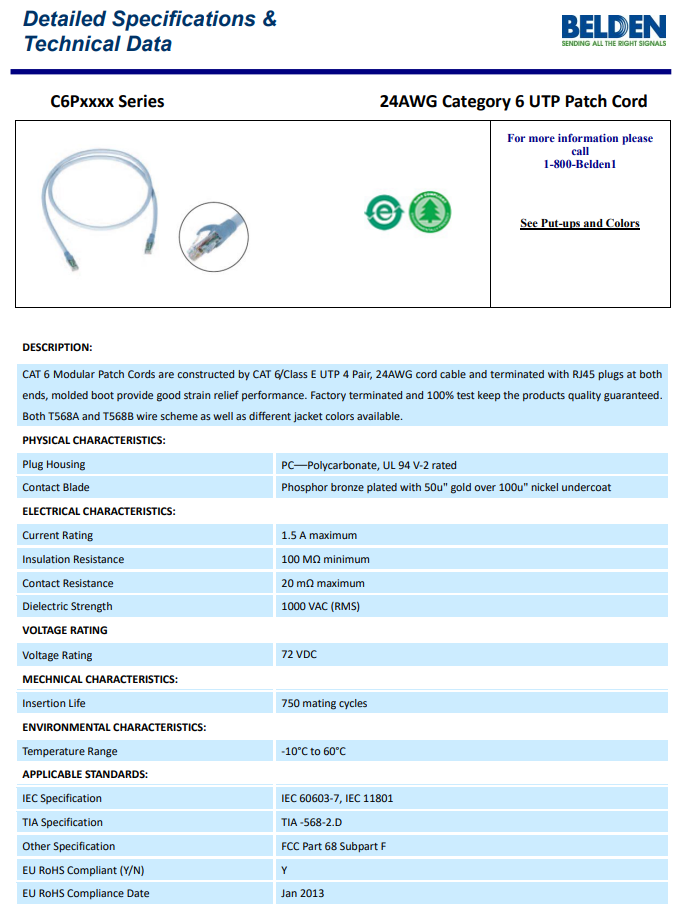 BELDEN C6P9106005M 24AWG Cat6 UTP Patch Cord