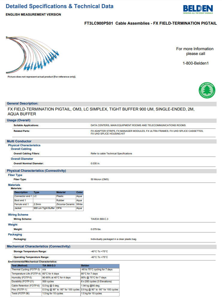 BELDEN FT3LC900PS01 Fiber Optic LC Pigtail OM3