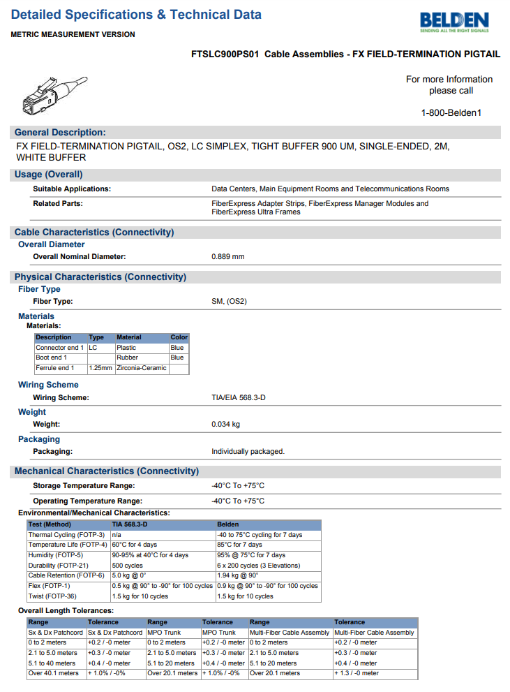 BELDEN FTSLC900PS01 Fiber Optic LC Pigtail OS2