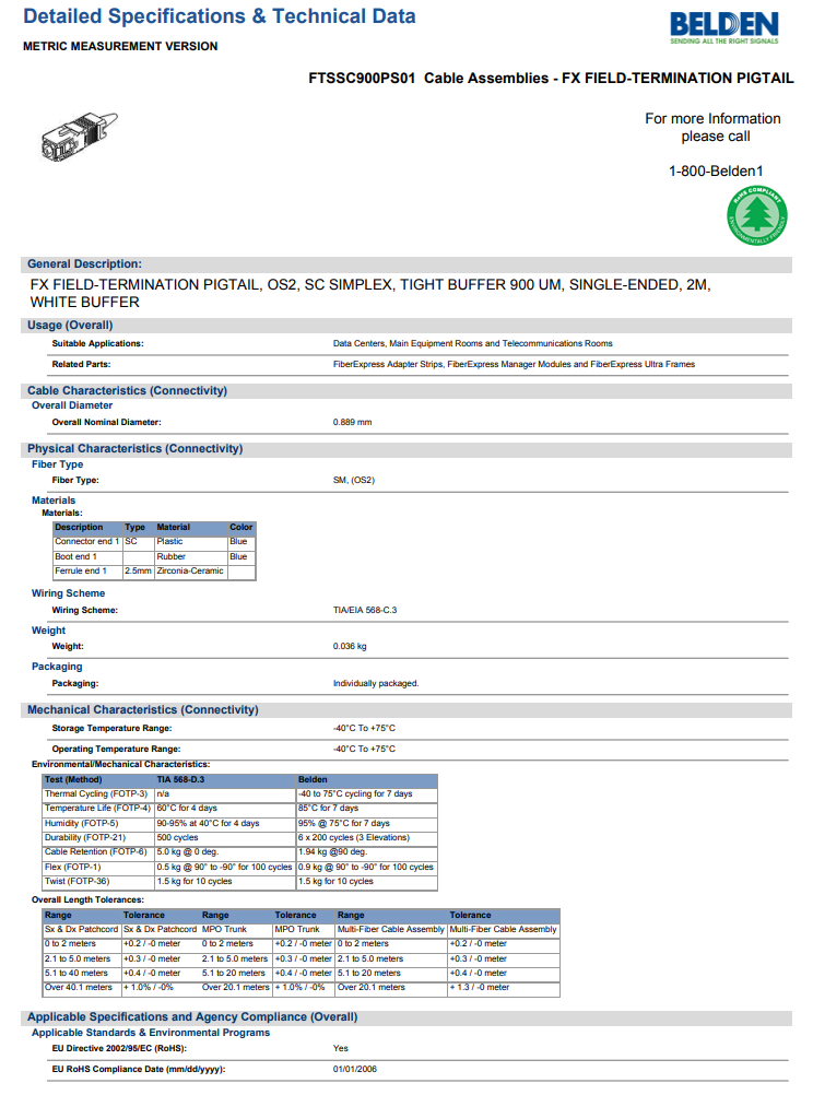 BELDEN FTSSC900PS01 Fiber Optic SC Pigtail OS2