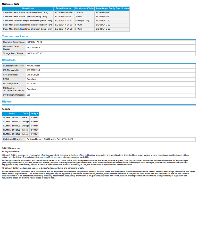 BELDEN GUMTA12.012100 12 Core Singlemode Indoor LSZH Distribution Fiber Optic