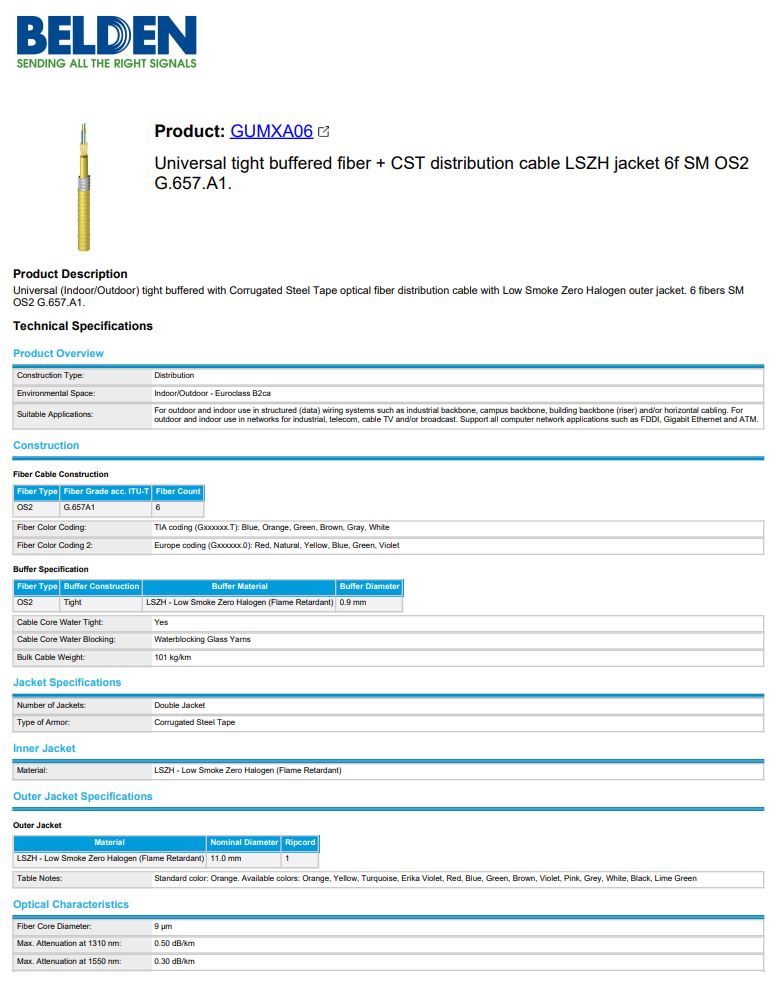 BELDEN GUMXA06 012100 6 Core Singlemode Outdoor Corrugated Steel Tape Double jacket LSZH Distribution Fiber Optic